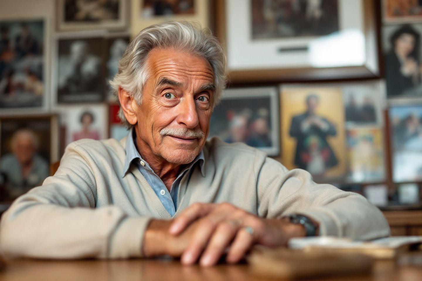 Homme senior souriant entouré de portraits dans un studio
