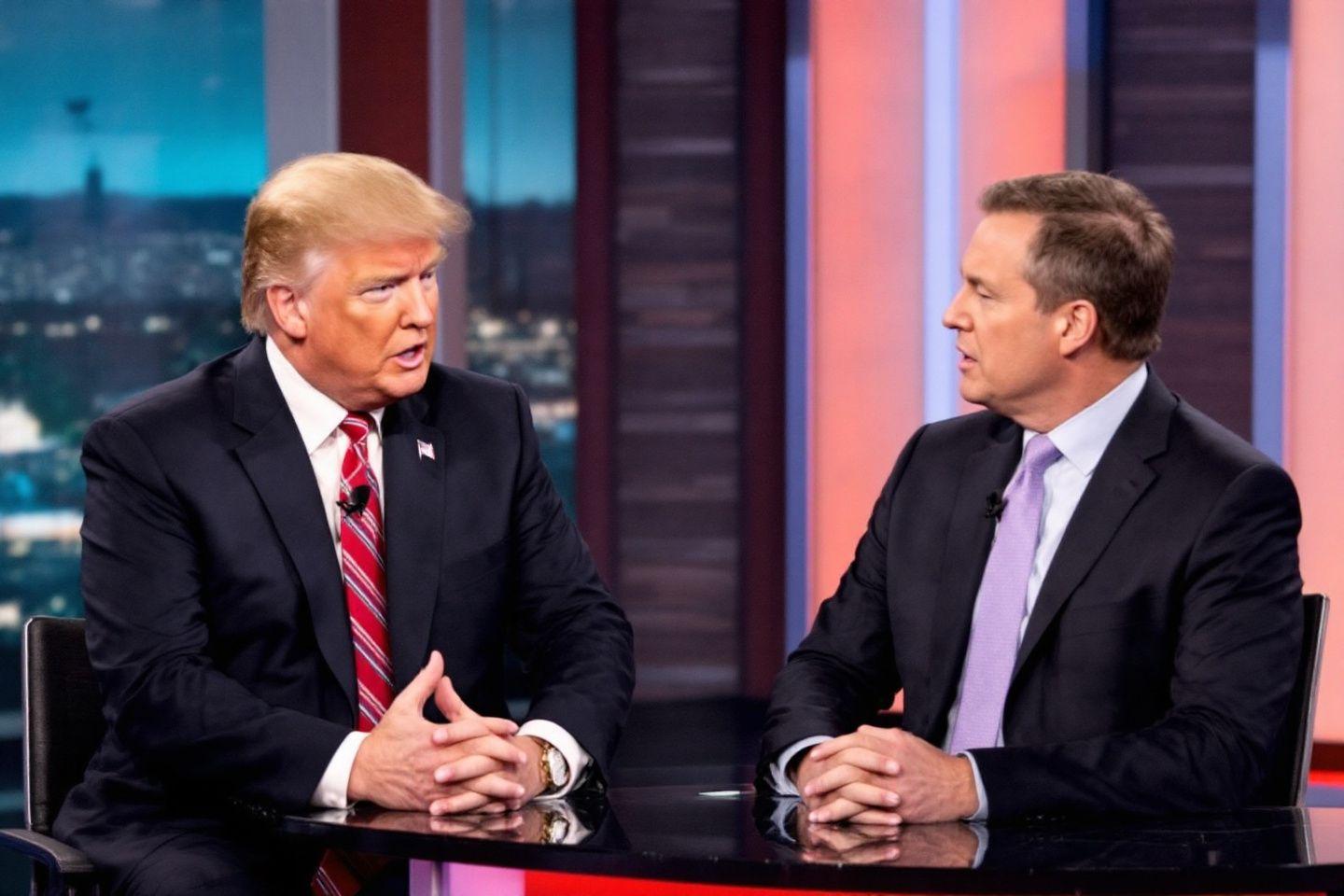 Deux hommes en costume discutant dans un studio de télévision