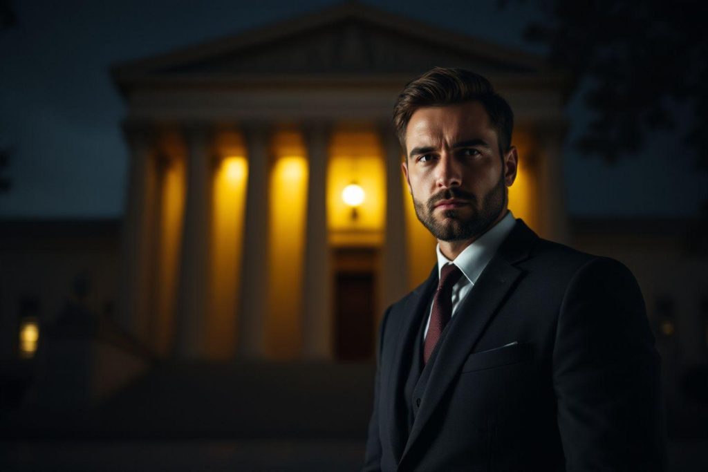 Homme en costume sérieux, colonnes lumineuses en arrière-plan