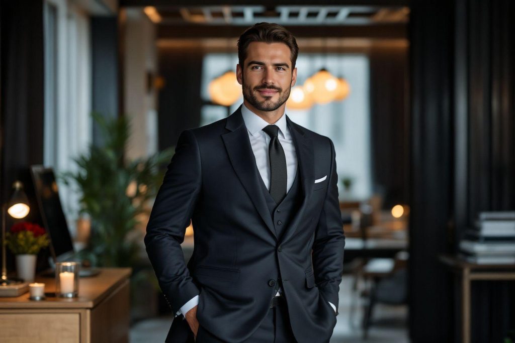 Homme en costume noir dans un bureau moderne