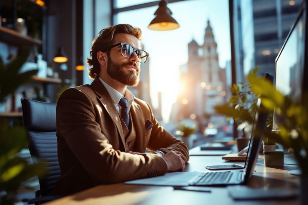 Employé en costume regardant par la fenêtre avec un ordinateur portable
