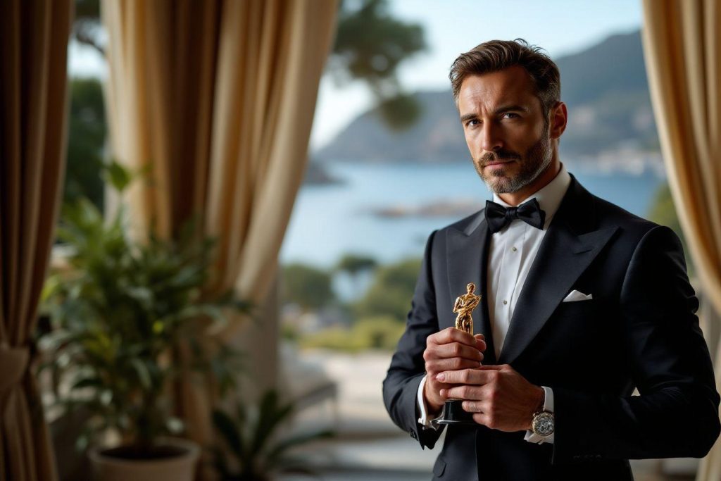 Homme élégant en smoking tenant un Oscar avec vue maritime