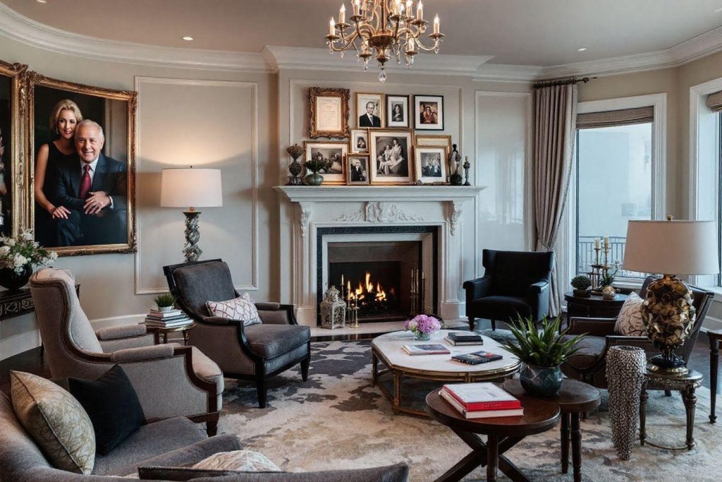 Salon raffiné avec cheminée, portraits et mobilier design