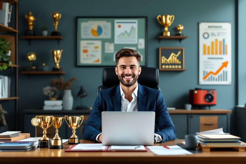 Entrepreneur souriant dans un bureau élégant avec trophées