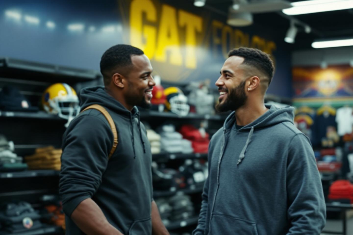 Deux hommes souriants dans un vestiaire de football