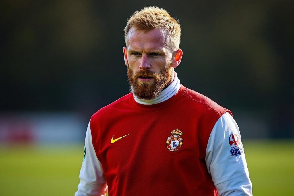 Joueur de football avec barbe, maillot rouge et blanc