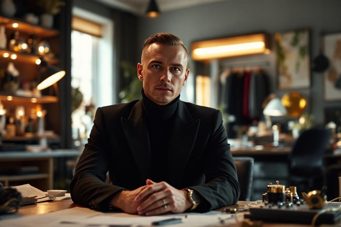 Homme en costume noir assis à table avec des objets