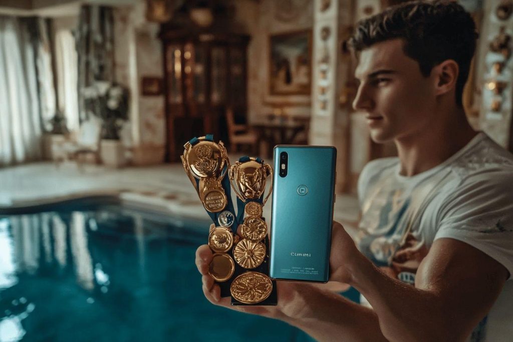 Jeune homme tenant des médailles d'or et un smartphone près d'une piscine