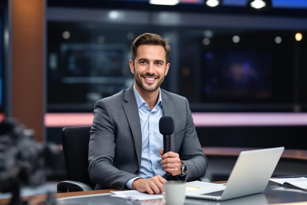 Journaliste professionnel tenant un micro dans un studio moderne