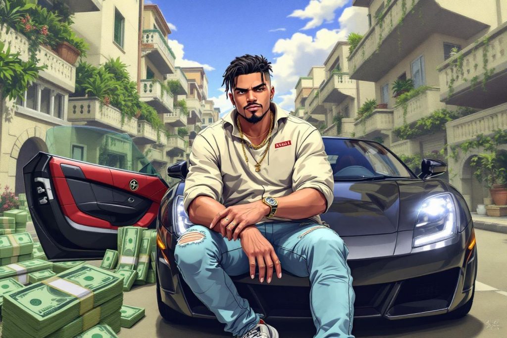 Homme posant près d'une voiture de luxe avec liasses de billets