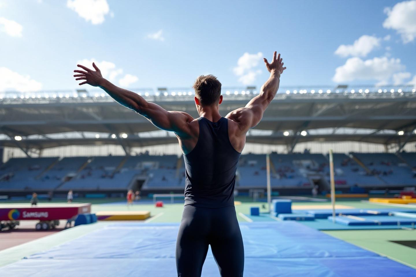 Dos d'un sportif bras levés dans un stade olympique