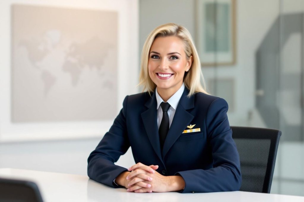 Femme pilote blonde en uniforme bleu marine assis à son bureau