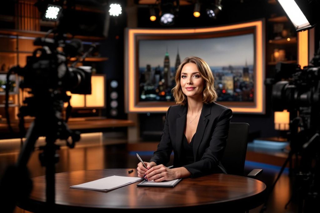 Femme en noir présentant les informations dans un studio