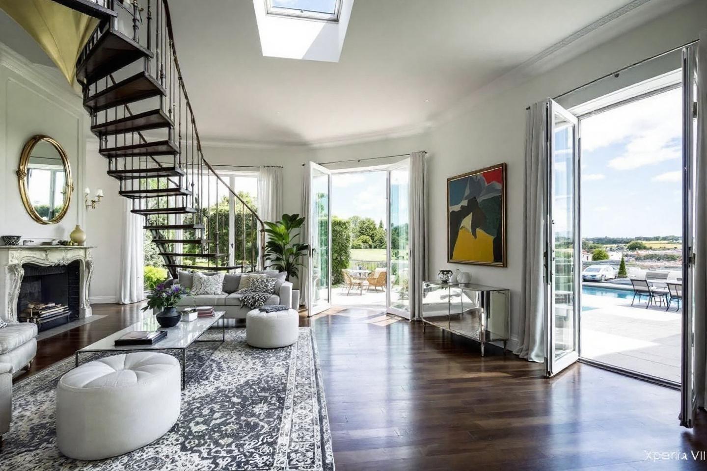 Intérieur contemporain avec grandes fenêtres et escalier métallique