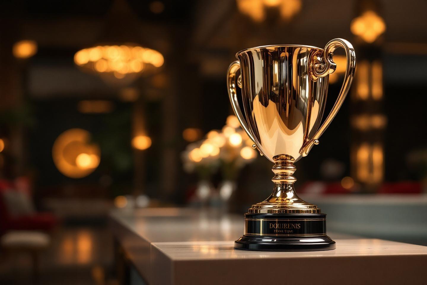 Coupe de récompense brillante sur socle avec lumières en arrière-plan