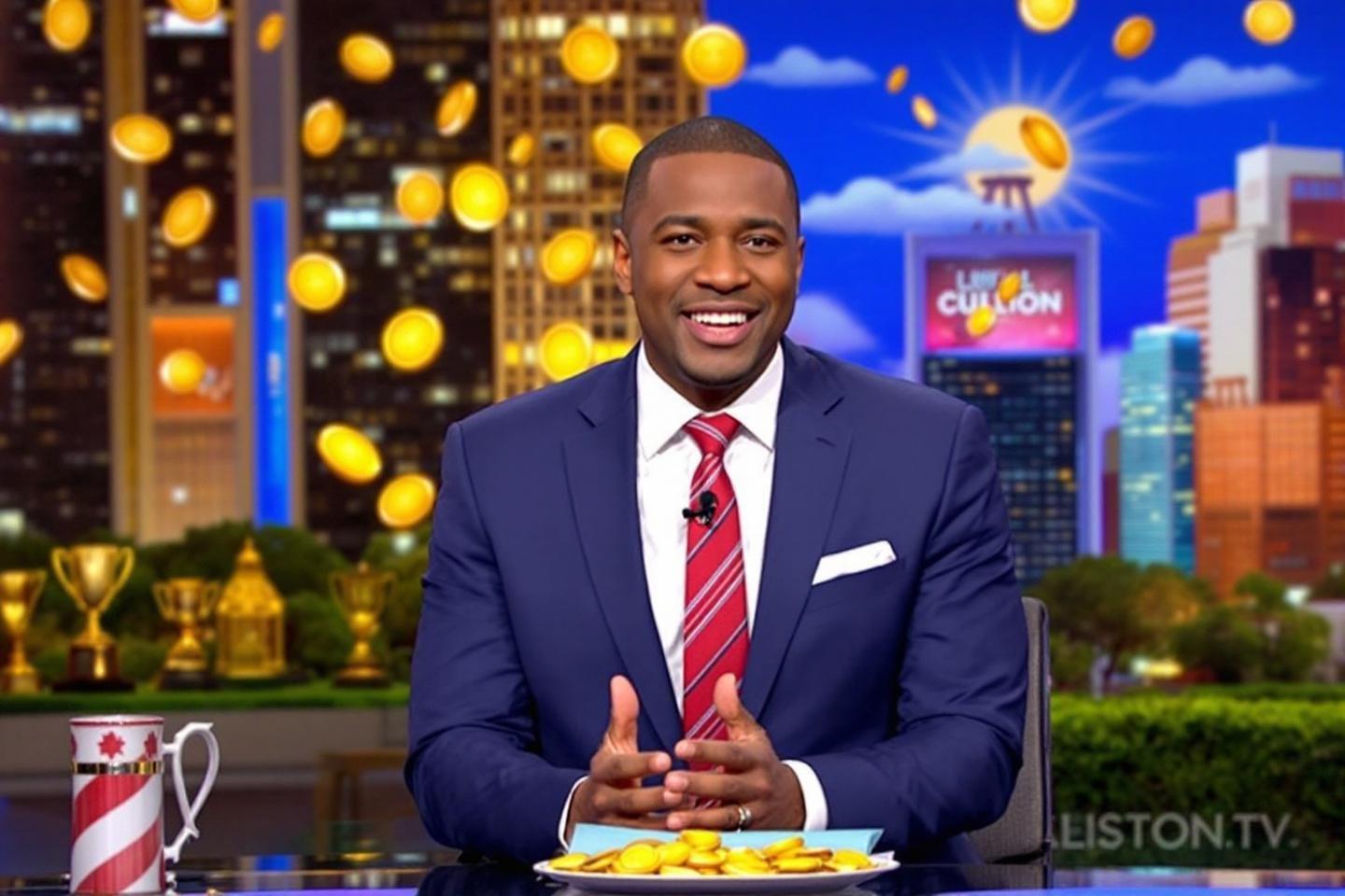 Homme en costume bleu présentant une émission avec des pièces dorées