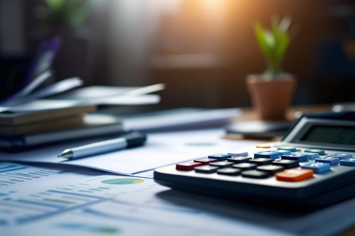Calculatrice, documents et graphiques sur un espace de travail