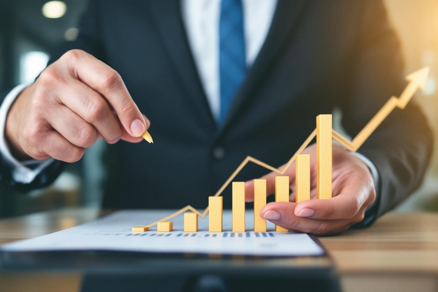 Graphique de progression avec barres jaunes et main d'investisseur