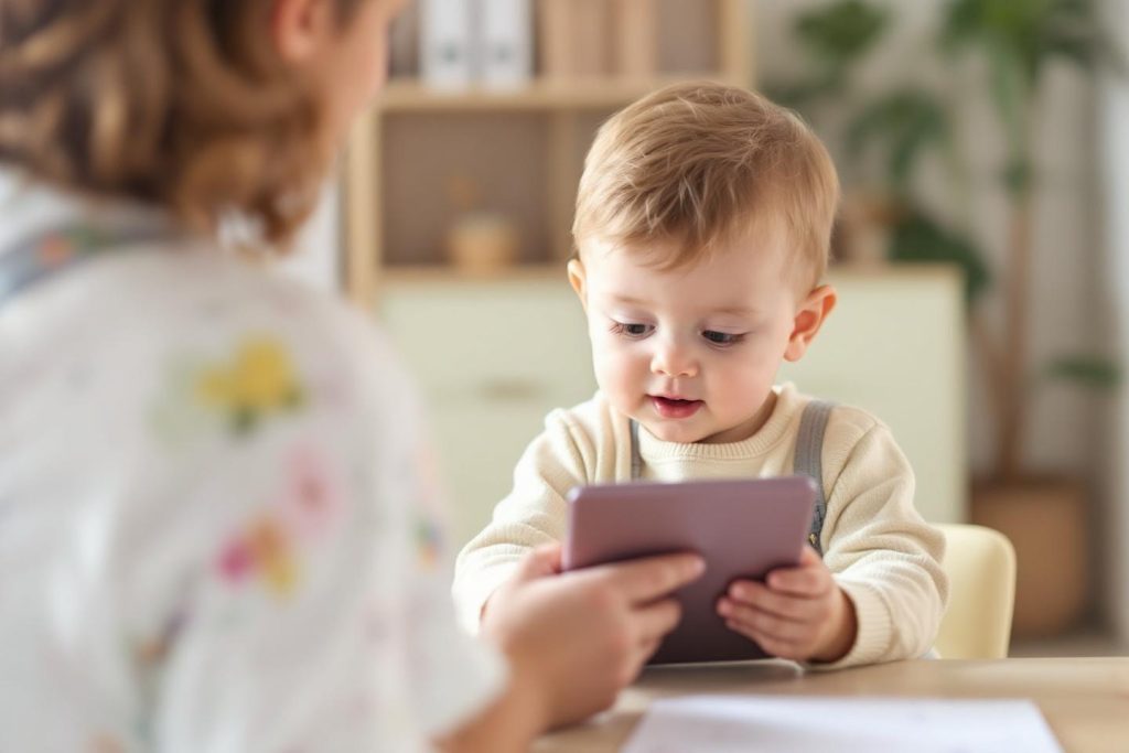Petit garçon concentré sur une tablette numérique à la maison