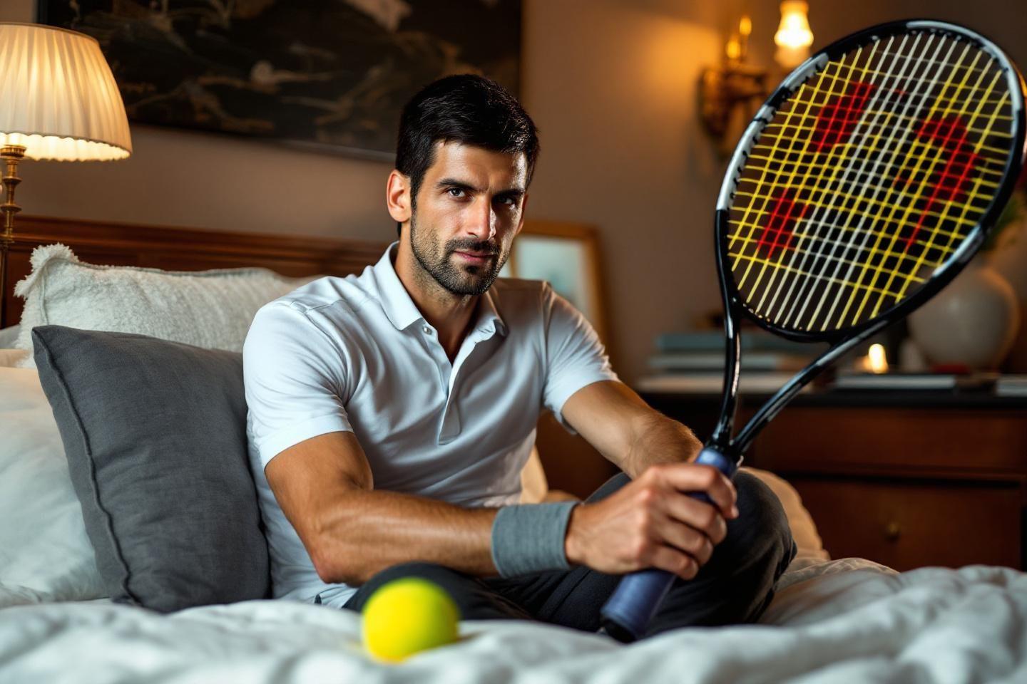 Athlète en polo blanc tenant une raquette de tennis
