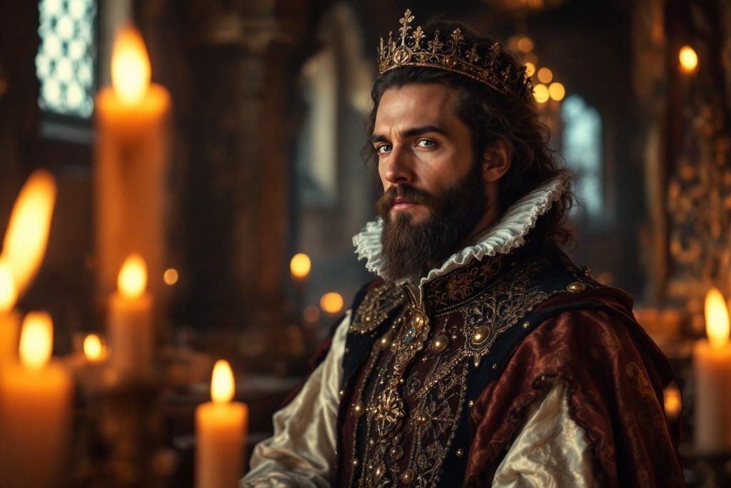Monarque couronné dans un intérieur médiéval aux chandelles
