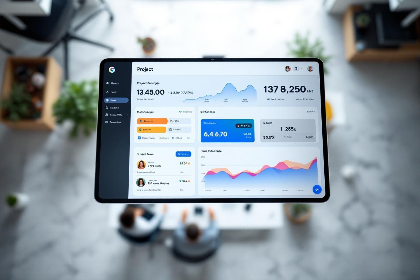 Interface de gestion de projet avec graphiques et statistiques sur tablette