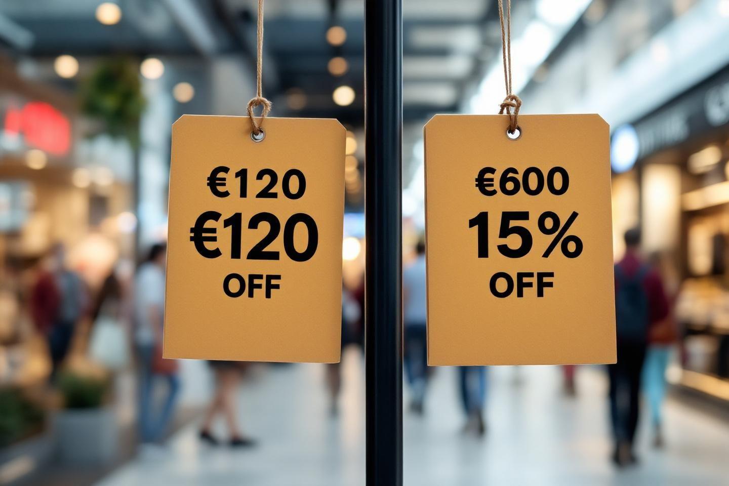 Deux étiquettes jaunes indiquant des réductions de prix en euros