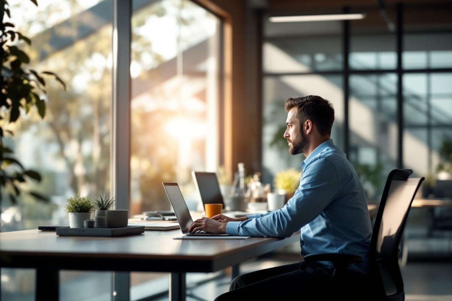 Homme travaillant sur un ordinateur portable dans un bureau lumineux