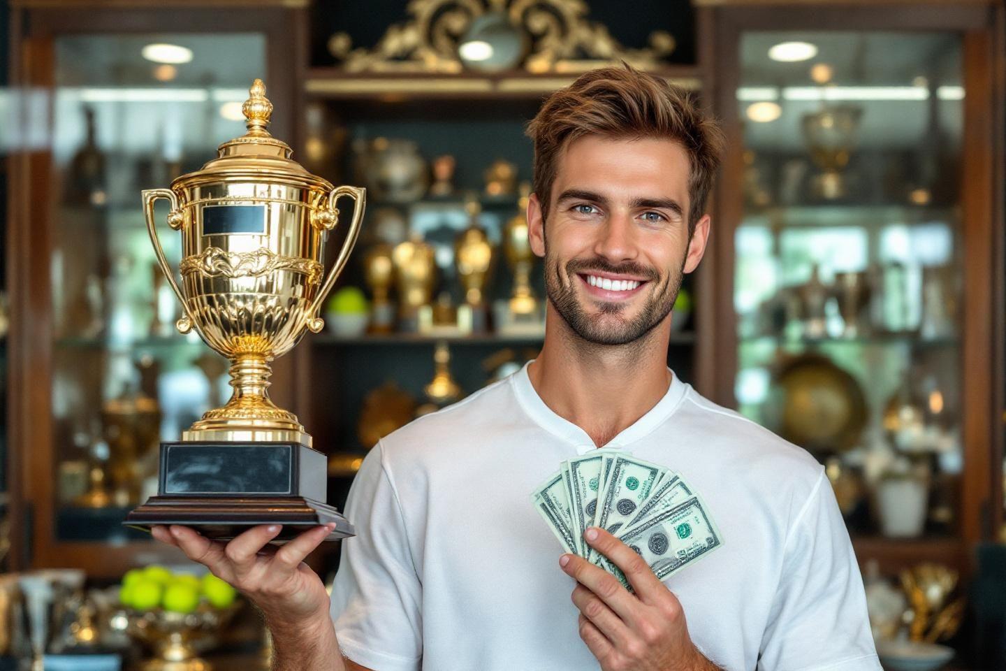 Homme souriant tenant un trophée doré et des billets