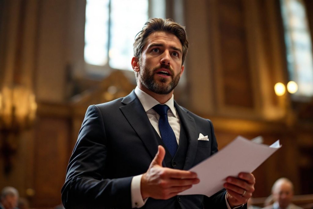 Homme en costume bleu éloquent tenant des documents juridiques