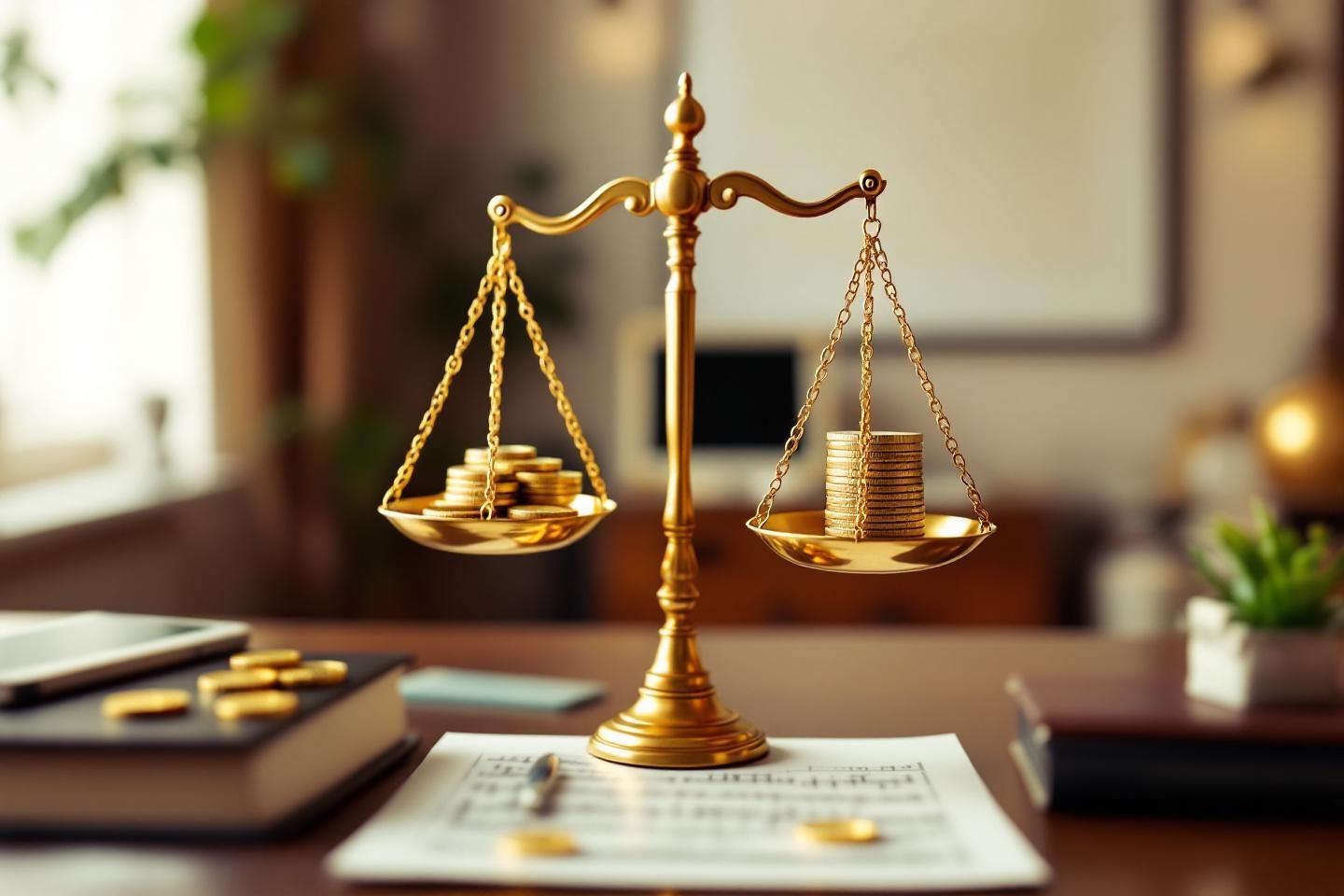 Balance dorée avec des pièces de monnaie, symbole de justice