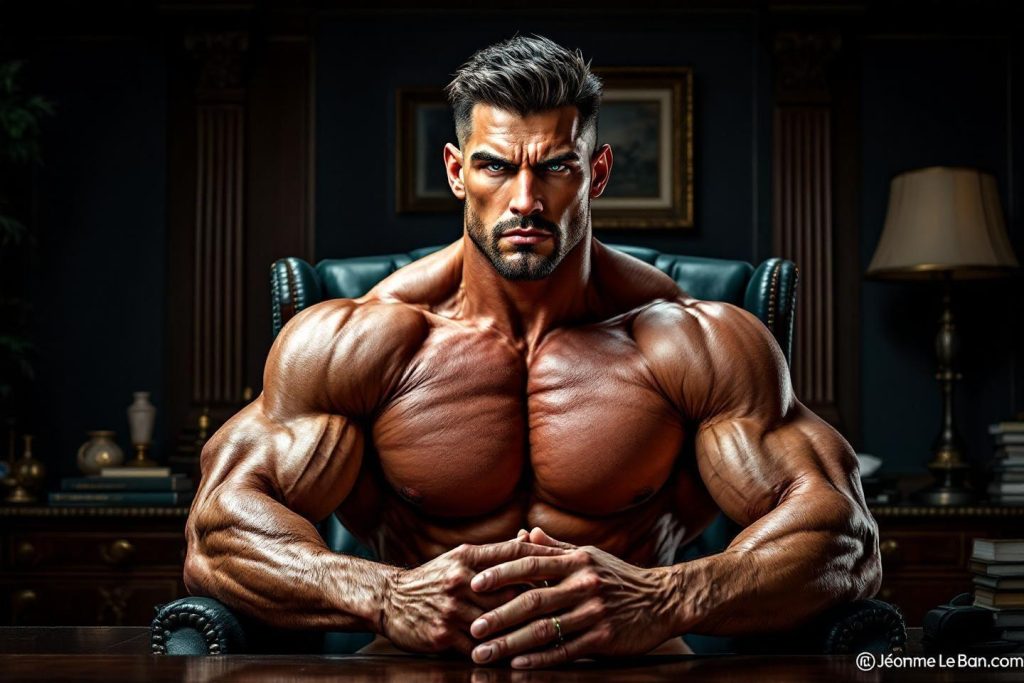 Athlète Bodybuilder Musclé Assis Dans Un Bureau Sombre