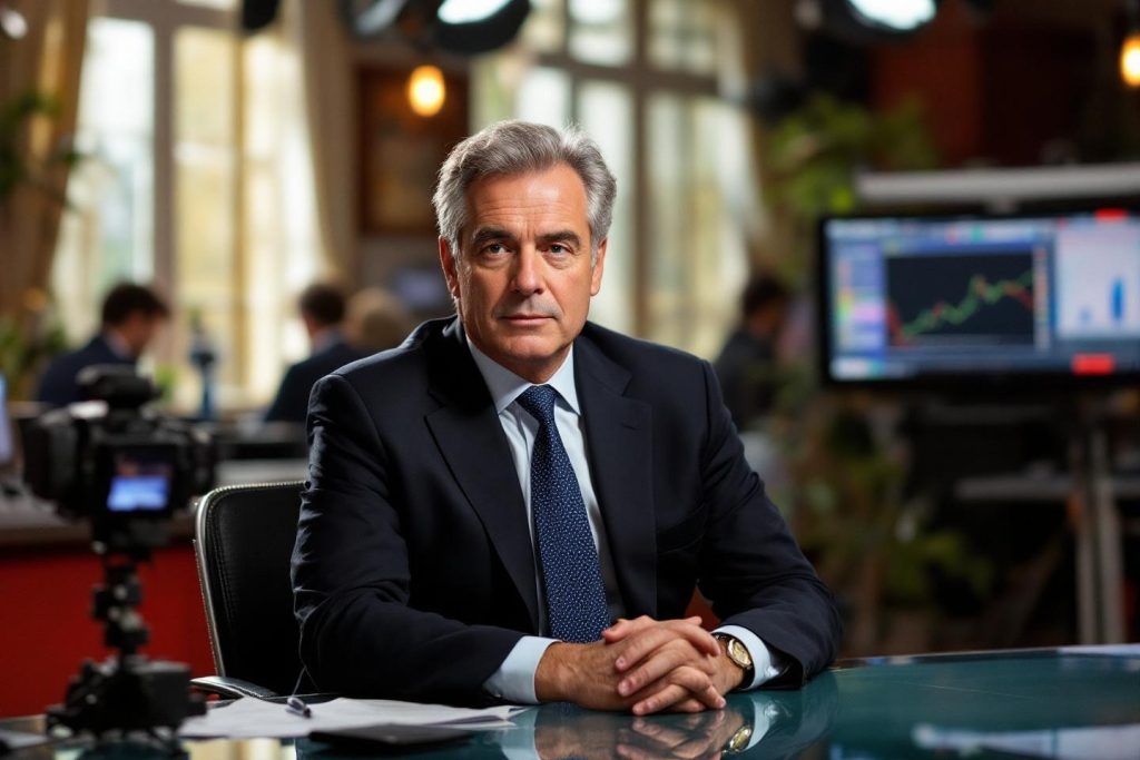 Homme d'affaires senior en costume assis dans un studio