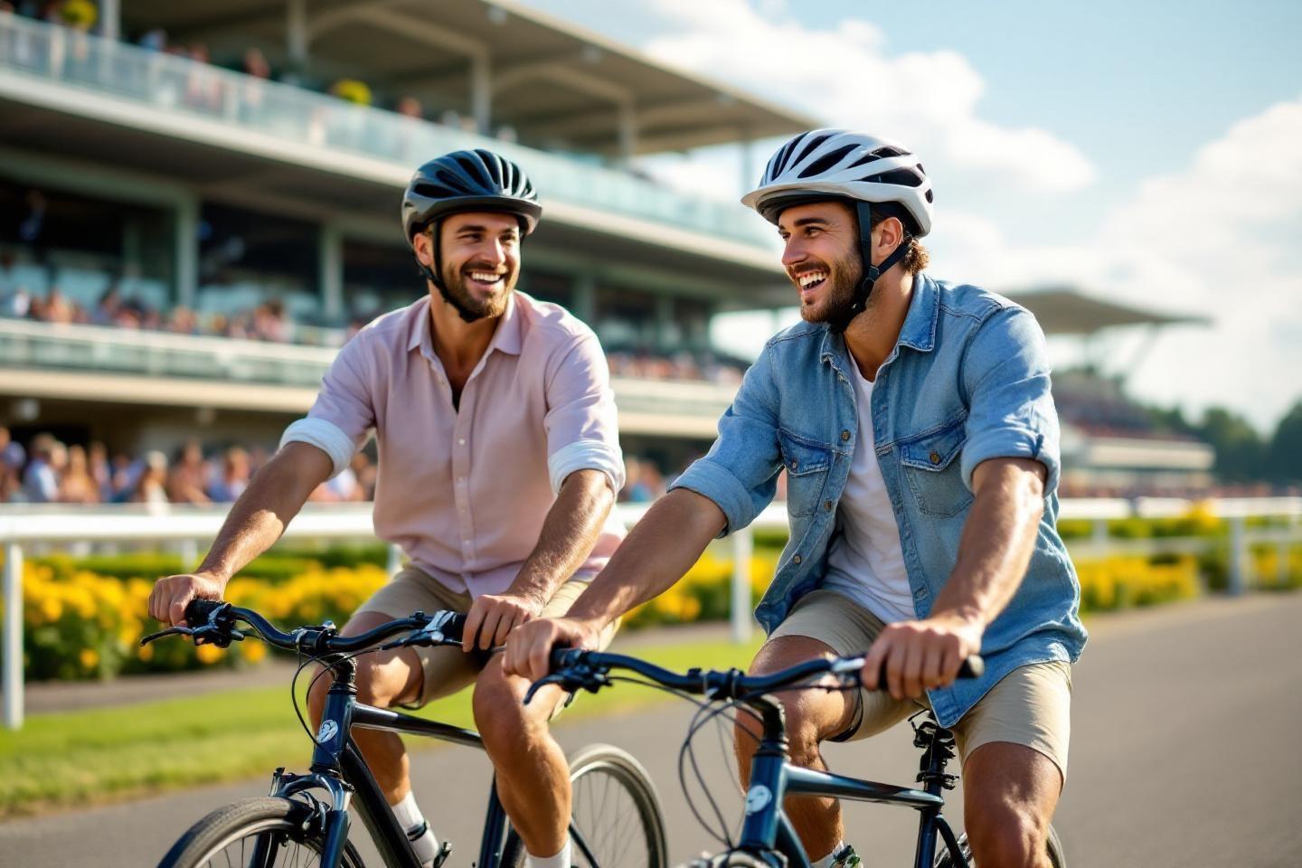 Deux amis &agrave; v&eacute;lo portant des casques, souriant ensemble