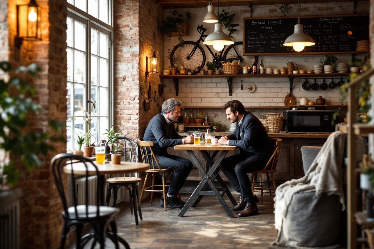 Deux hommes discutant autour d'un café dans un café chaleureux