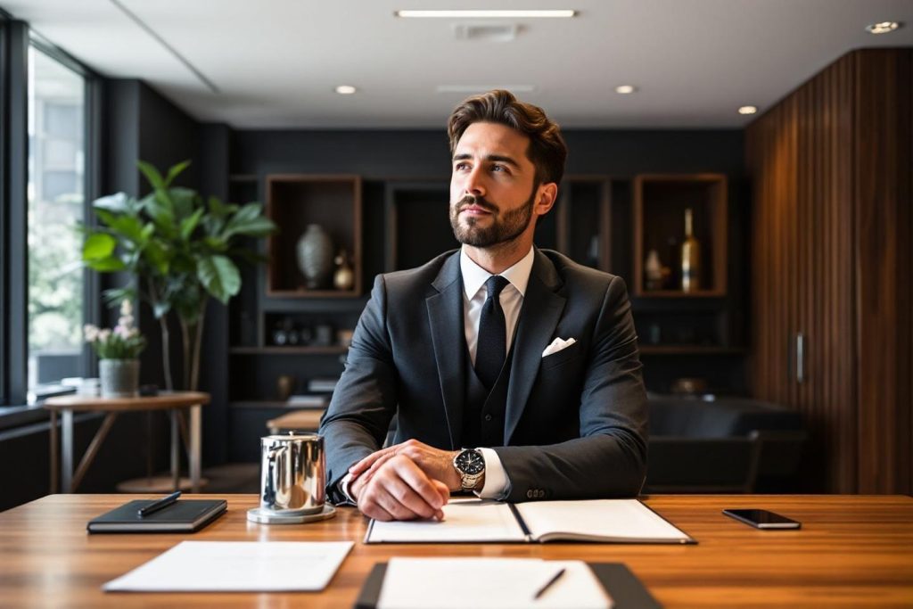 Cadre en costume assis à un bureau moderne avec des documents