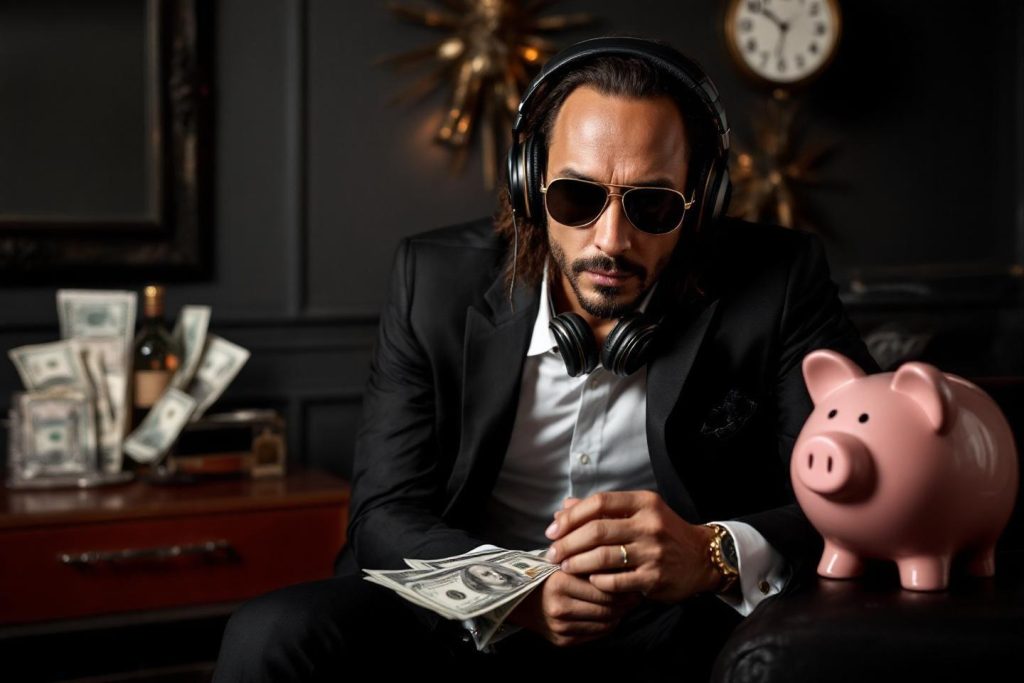 Homme en costume noir avec écouteurs, dollars, tirelire rose