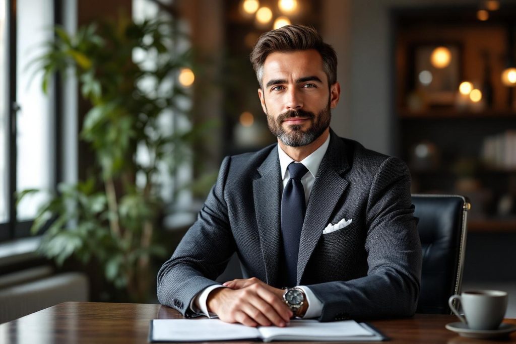Homme en costume gris assis à un bureau avec des plantes