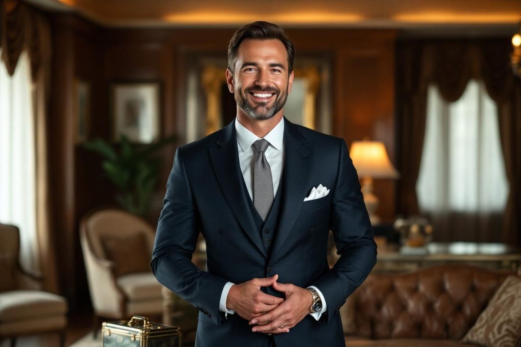 Homme en costume trois-pièces noir dans un bureau luxueux