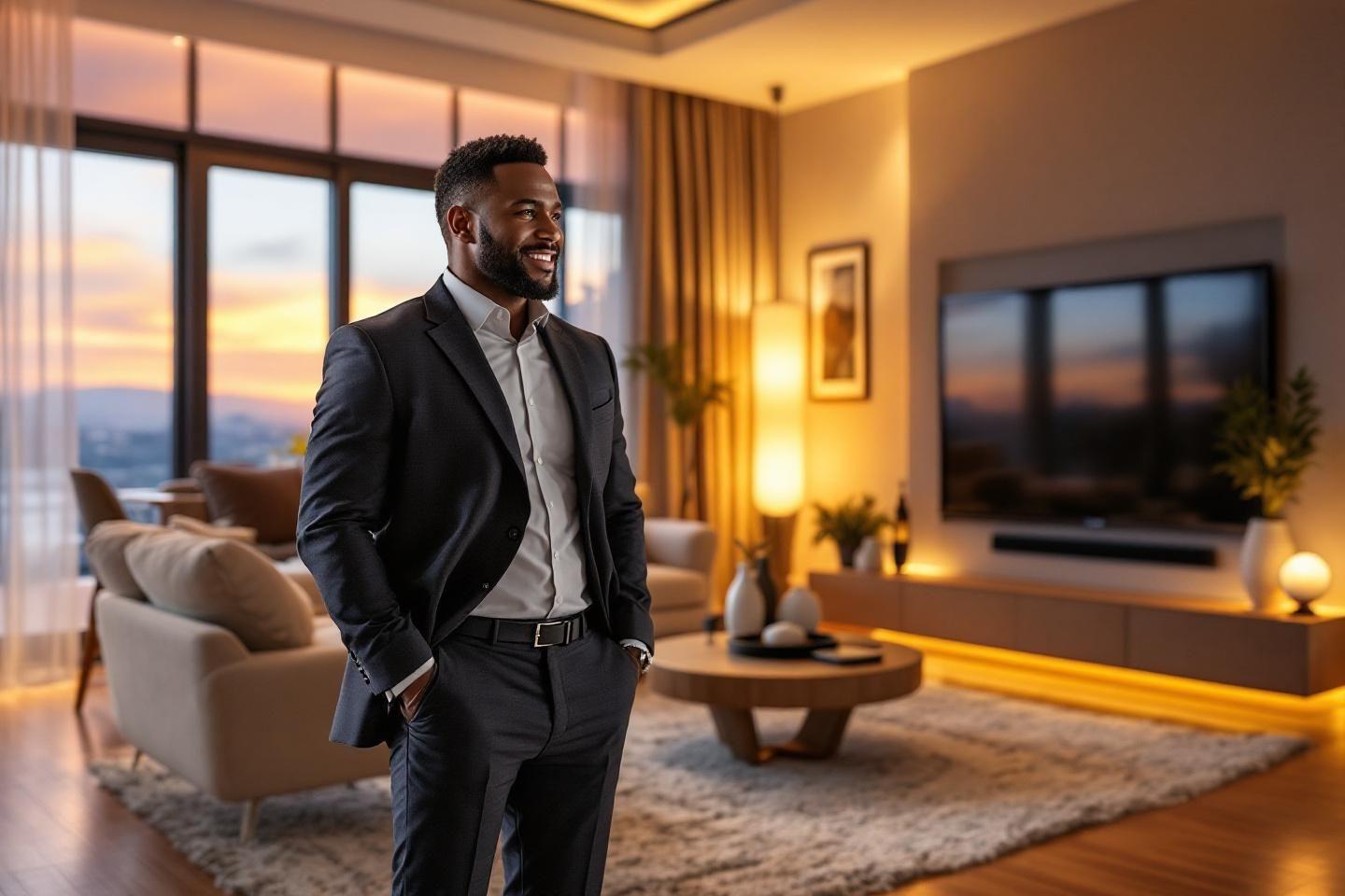 Homme élégant dans un salon moderne au coucher du soleil