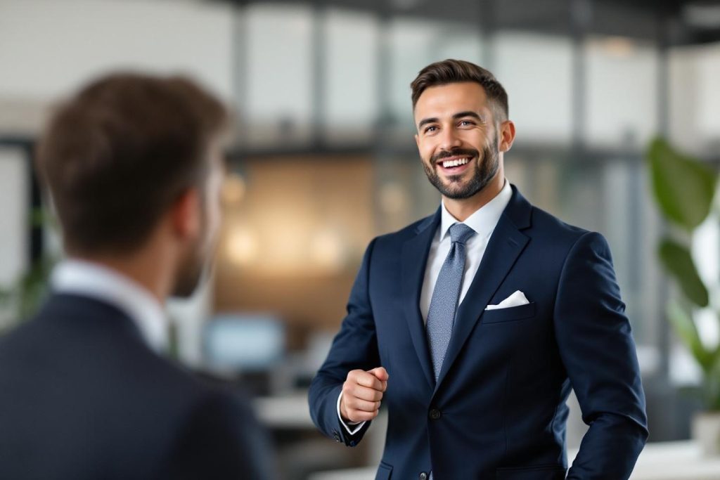 Homme en costume bleu riant dans un environnement professionnel