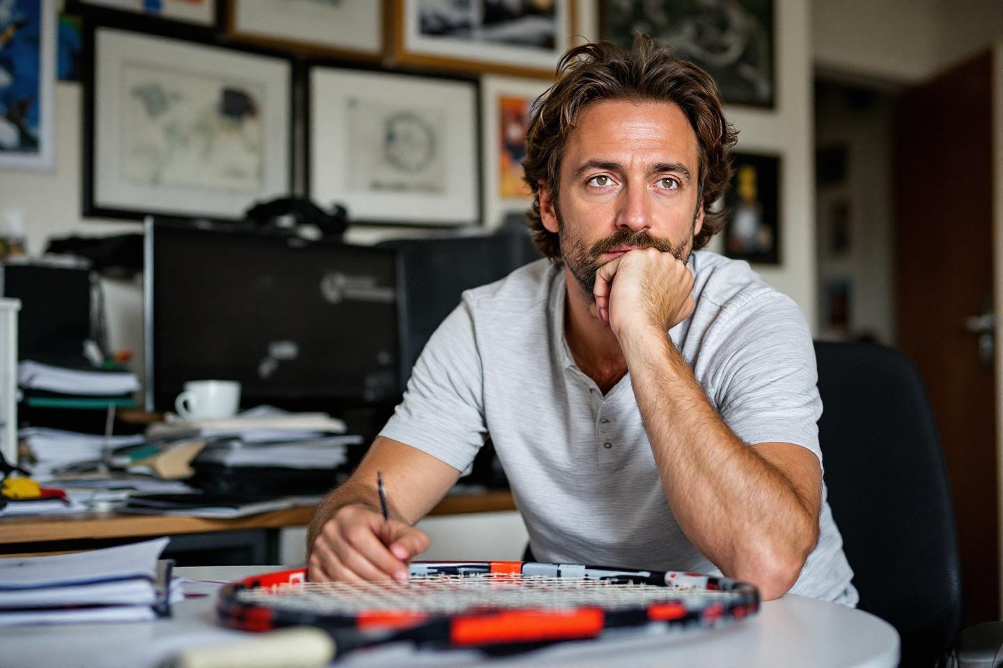 Homme barbu méditatif assis à son bureau avec raquette