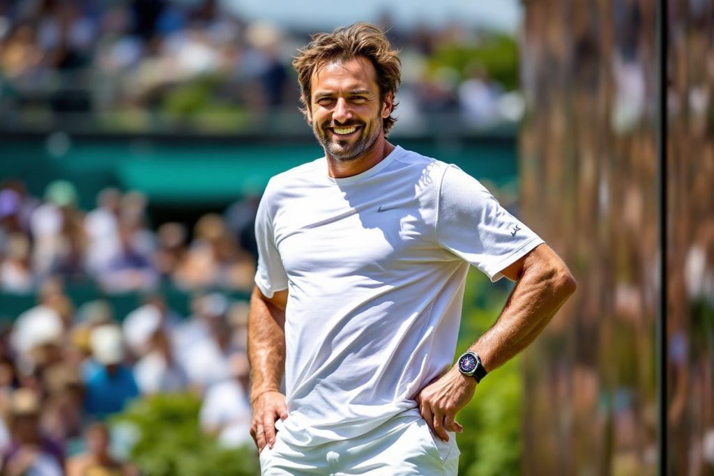 Homme sportif souriant, portant un t-shirt blanc sur un court