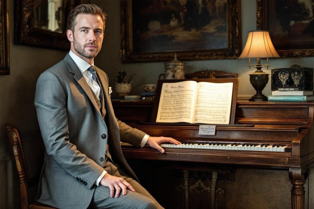 Homme en costume près d'un piano dans un intérieur classique