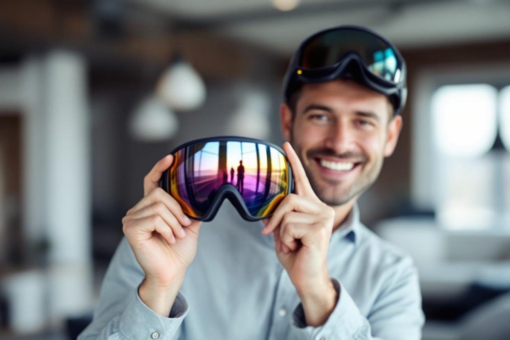 Homme souriant tenant des lunettes de ski avec reflet arc-en-ciel