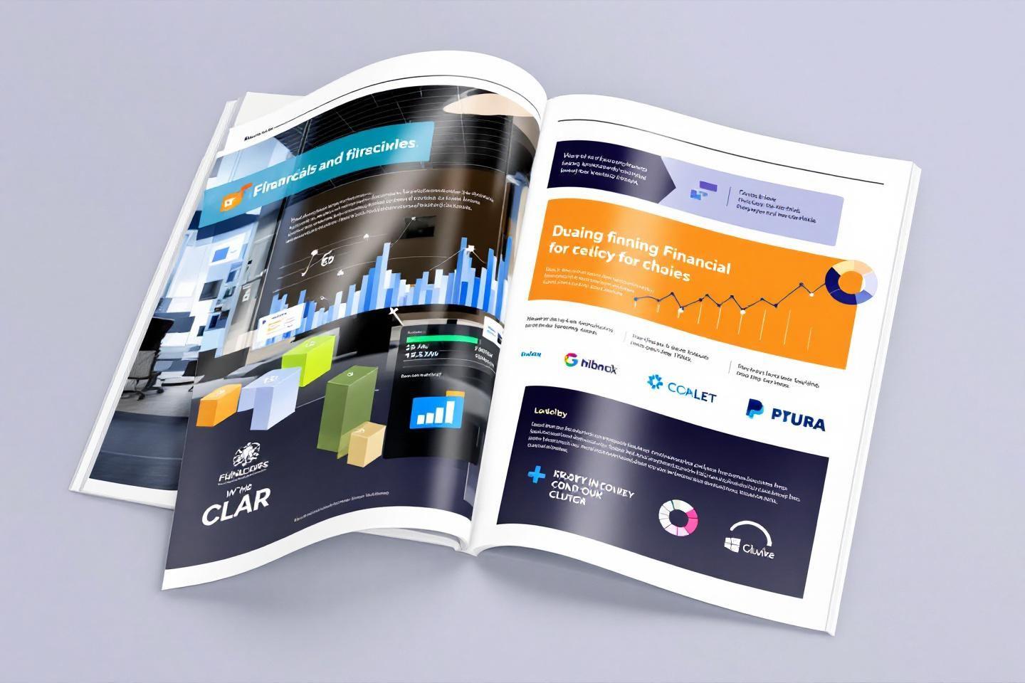 Deux pages ouvertes d'un magazine avec des graphiques financiers