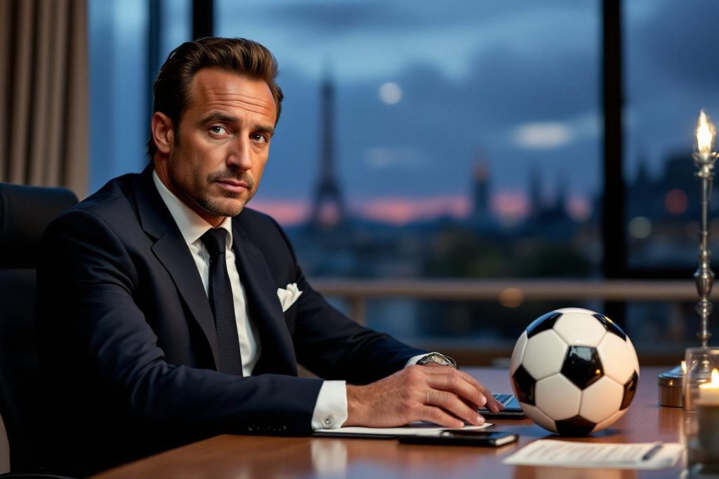 Homme d'affaires élégant près d'un ballon de football