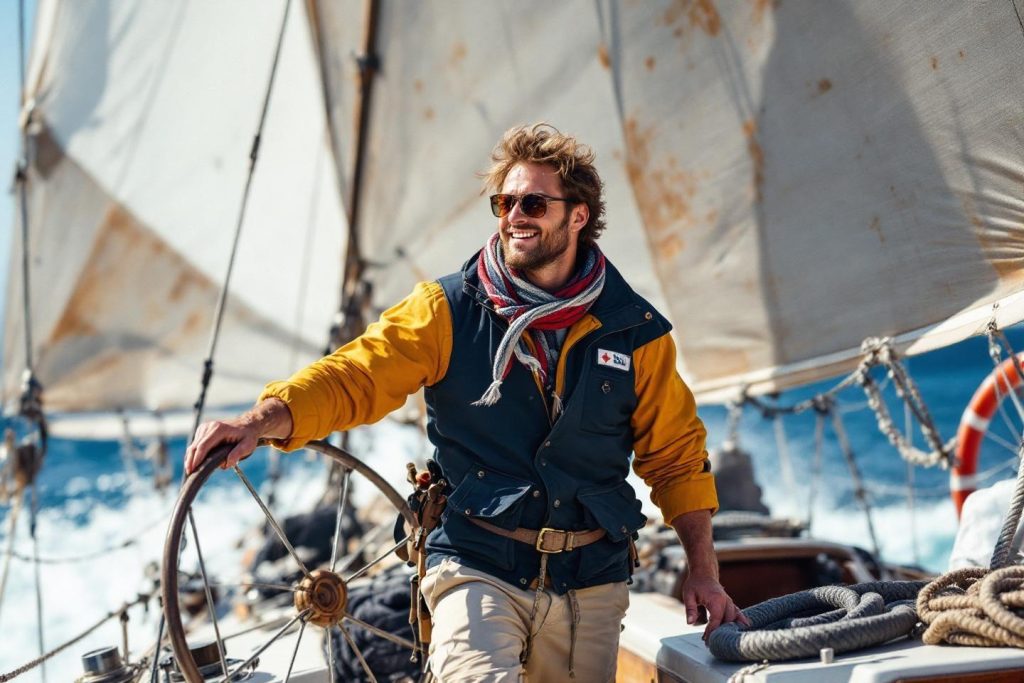 Homme en veste jaune à la barre d'un voilier