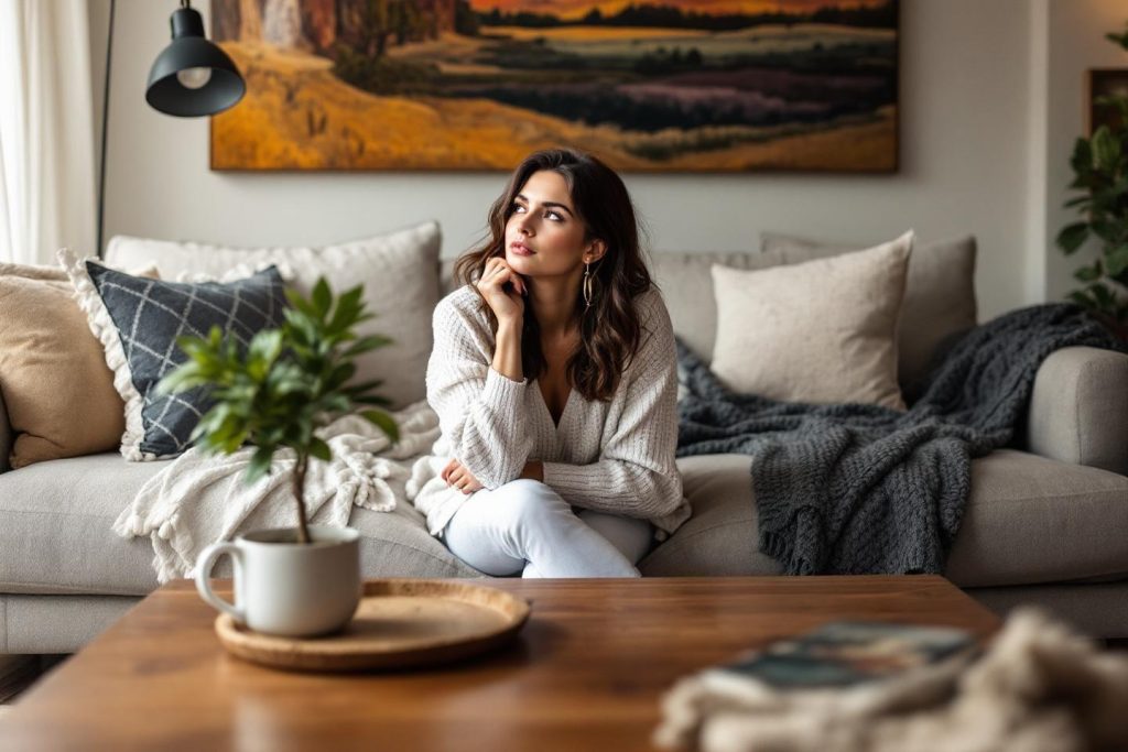 Femme pensive assise sur un canapé confortable avec mug