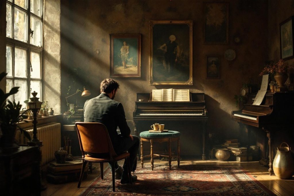 Homme au piano, intérieur vintage, rayon de lumière